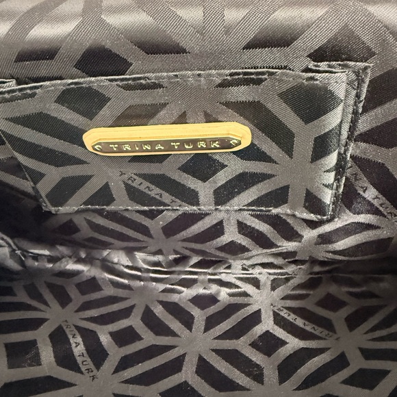 Trina Turk Fuchsia Satin Clutch with Tan & Gold Trim & Dust Bag - Picture 8 of 9